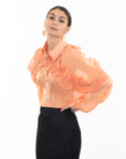 Pleated ruffles with multi dimoned stone embellished sleeves design organza shirt in peach