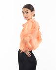 Pleated ruffles with multi dimoned stone embellished sleeves design organza shirt in peach