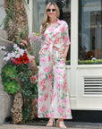 Multi floral print cotton blend short sleeves and trousers co-ords suits in pink