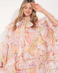 Heavy tiered ruffle oversized dress in pink floral print
