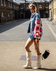 Handknit Floral Patten Sleeves Demin Jacket in Pink