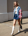 Handknit Floral Patten Sleeves Demin Jacket in Pink