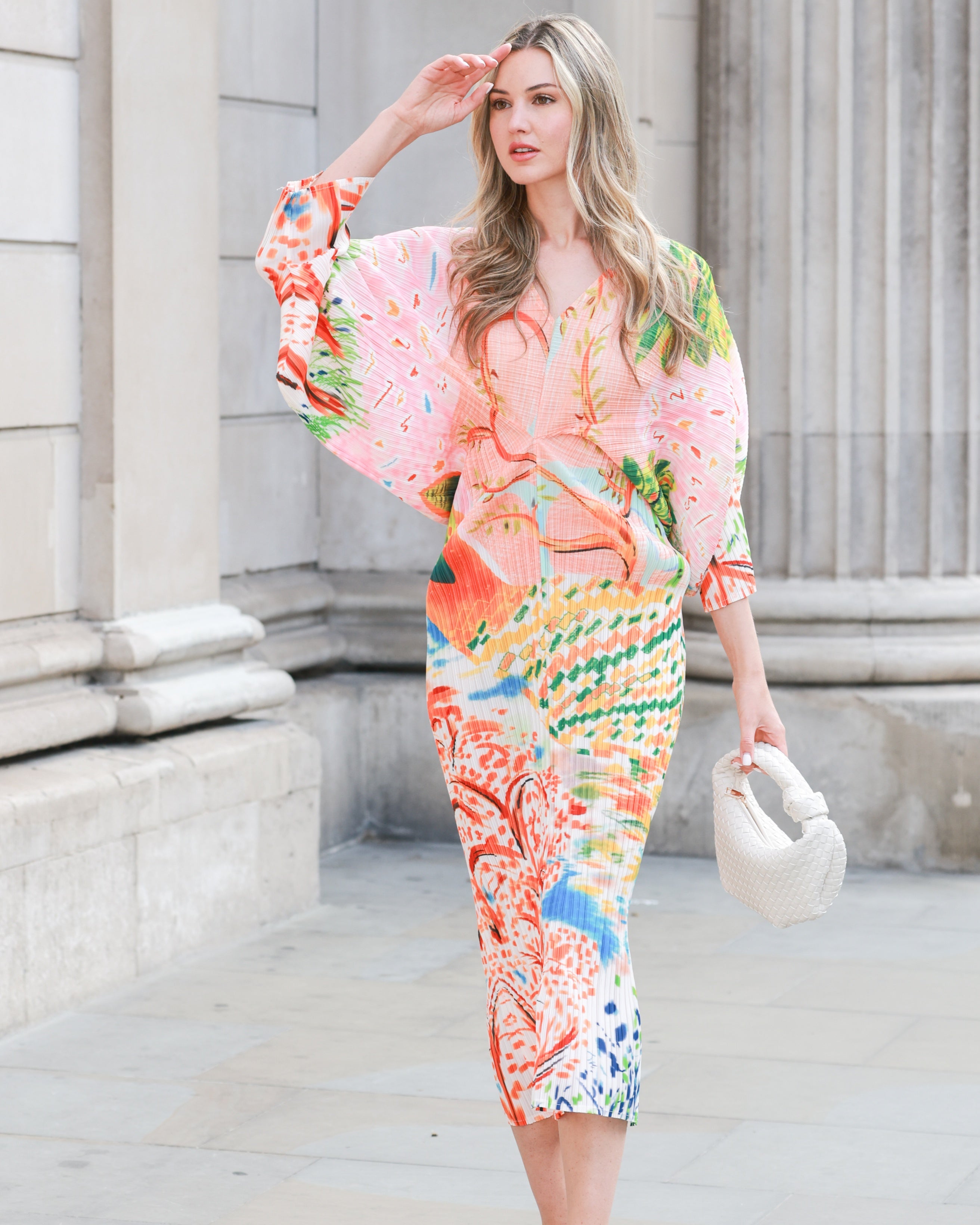 Leaves and Floral Scarf Pirnt Pleated Dress in Kimono sleeves in pink