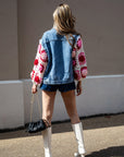 Handknit Floral Patten Sleeves Denim Jacket in Pink
