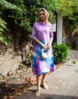 Multi Color Print Pleated Dress in three quarter sleeves in Purple floral print