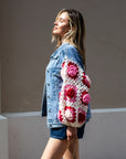 Handknit Floral Patten Sleeves Demin Jacket in Pink