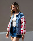 Handknit Floral Patten Sleeves Denim Jacket in Pink