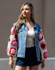 Handknit Floral Patten Sleeves Demin Jacket in Pink