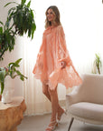 Floral Lace long blouseon sleeves design dress in Peach orange