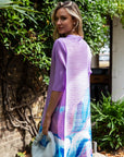 Multi Color Print Pleated Dress in three quarter sleeves in Purple floral print