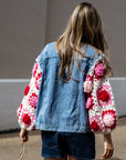 Handknit Floral Patten Sleeves Demin Jacket in Pink