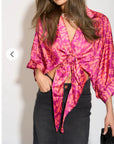 Multi color print shirt with ring tie up design in pink