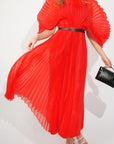 Pleated long dress with organza pleated cape sleeves in Red
