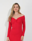 Soft Knit off the shoulder neckline long sleeves bodycon dress in red