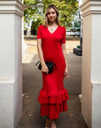 Full Pleated Ruffle Hem Maxi Dress in Red