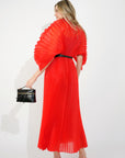 Pleated long dress with organza pleated cape sleeves in Red