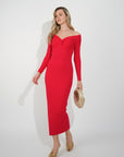 Soft Knit off the shoulder neckline long sleeves bodycon dress in red