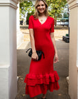 Full Pleated Ruffle Hem Maxi Dress in Red