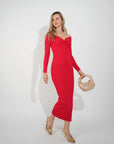 Soft Knit off the shoulder neckline long sleeves bodycon dress in red