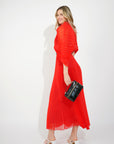 Pleated long dress with organza pleated cape sleeves in Red