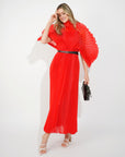 Pleated long dress with organza pleated cape sleeves in Red