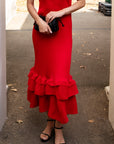 Full Pleated Ruffle Hem Maxi Dress in Red