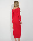 Soft Knit off the shoulder neckline long sleeves bodycon dress in red