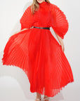 Pleated long dress with organza pleated cape sleeves in Red