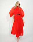 Pleated long dress with organza pleated cape sleeves in Red