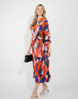 Aztec Print Pleated Dress in asymmetric sleeves design in Red
