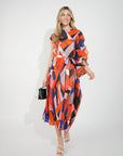 Aztec Print Pleated Dress in asymmetric sleeves design in Red