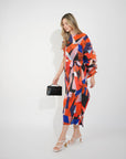 Aztec Print Pleated Dress in asymmetric sleeves design in Red
