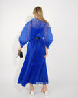 Pleated long dress with organza pleated cape sleeves in Royal Blue