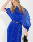 Pleated long dress with organza pleated cape sleeves in Royal Blue