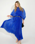 Pleated long dress with organza pleated cape sleeves in Royal Blue