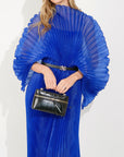 Pleated long dress with organza pleated cape sleeves in Royal Blue