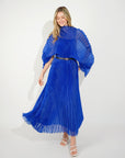 Pleated long dress with organza pleated cape sleeves in Royal Blue