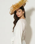 Statement Fascinator Hat With Feather Detail In Gold