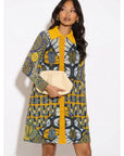 Golden Geometry Print Shirt Dress with Contrast Yellow Collar