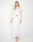 Pleated long dress with organza pleated cape sleeves in White