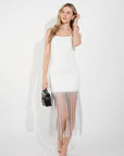 Long fringed tassel detail hem bodycon knit dress in White