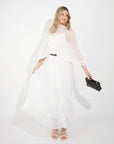 Pleated long dress with organza pleated cape sleeves in White