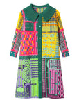 Modern Cityscape Print Shirt Dress with Contrast Green Collar