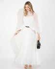 Pleated long dress with organza pleated cape sleeves in White