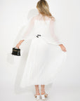 Pleated long dress with organza pleated cape sleeves in White