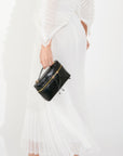 Pleated long dress with organza pleated cape sleeves in White