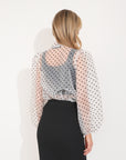 White color Oversized Organza shirt in polka dot print with bow design