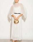 Pleated long dress with organza pleated cape sleeves in White