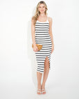 Knitted stripe print with straps design midi bodycon dress in white