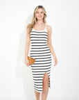 Knitted stripe print with straps design midi bodycon dress in white